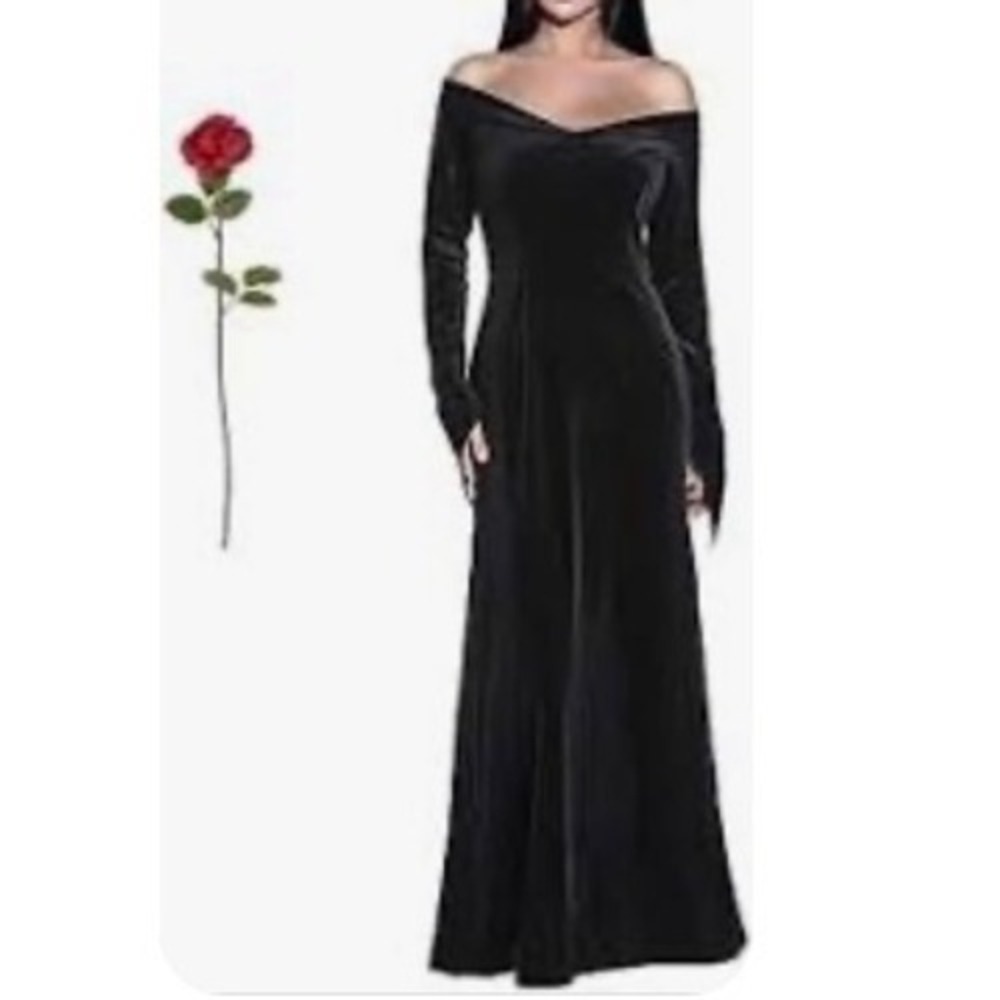 Morticia Addams Costume Women Gothic Black Velvet Dress with Rose Halloween S